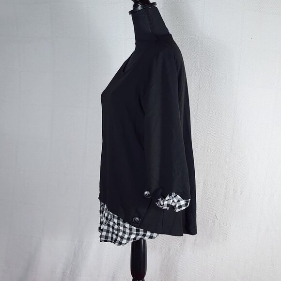 Apt. 9 Black w/Black Check Layer Roll Sleeves Poly Rayon Span Pull Over Top L - Picture 6 of 16